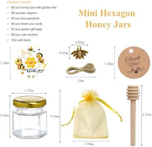 IIKUM 60 Pack 1.5 oz Hexagon Mini Glass Honey Jars with Wooden Dippers, Bee Pendants, Gift Bags, Thank You Cards, Jutes and Cute stickers- Perfect for Baby Shower, Wedding Favors and Party Favors - Image 2