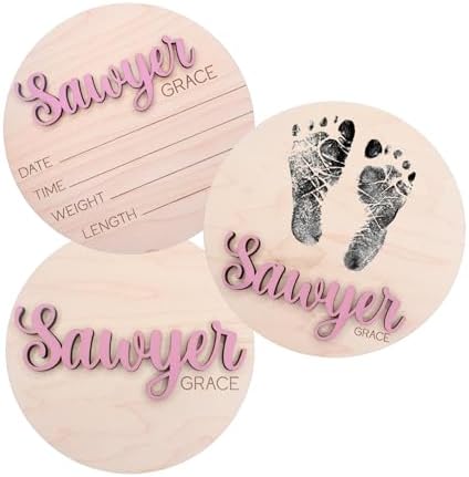Personalized Birth Announcement, 3D Stat, Footprint & Name Plaque, Newborn Sign for Hospital, Pregnancy Photo Prop, Gender Reveal (Stat + Footprint + Name Sign) by Handmade