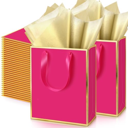 Yeaqee 50 Pcs Metallic Paepr Gift Bags Bulk with Handles,Hot Pink, Gold by Yeaqee
