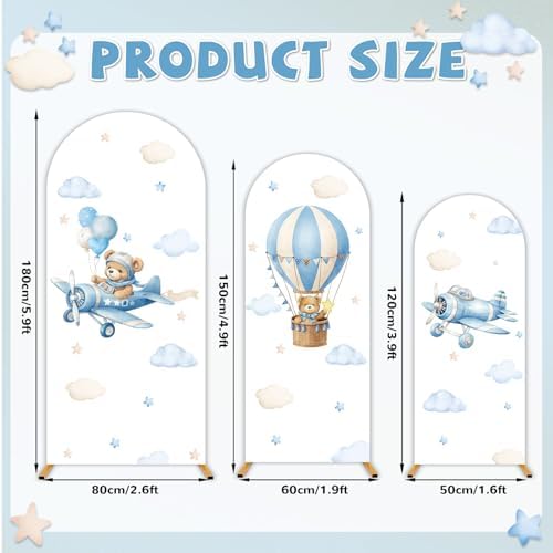 3PCS Teddy Bear Arch Backdrop Cover 4ft 5ft 6ft Vintage Airplane Party Decorations Blue Pilot Spandex Stretch Arch Stand Cover Hot Air Balloon Photo Background for Baby Shower Wedding Birthday Decor - Image 2