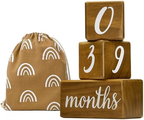 Pondering Pine Baby Milestone Blocks - Natural Pine Wood with Weeks Months Years Grade - Milestones Age Block Set with Boho Rainbow Bag, Newborn Weekly Monthly First Year Picture Props, Earth Friendly by PonderingPine