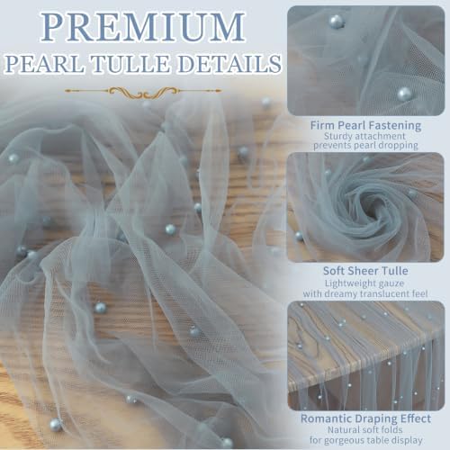 Set of 6 Pearl Table Runner 29 x 120 Inch Dusty Blue Tulle Fabric Lace Table Runners Boho Rustic Table Runners for Bridal Shower Birthday Party Wedding Arch Aisle Veil Dessert Table Decor(Dusty Blue) - Image 4