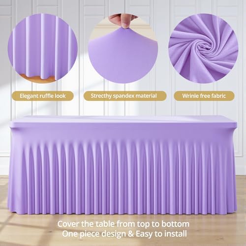 Suppromo 4 Pack 8ft Lavender Spandex Table Cloths for Rectangle Tables Wrinkle Free Light Purple Rectangle Tablecloths Stretch Fitted Table Cover for Birthday Party Wedding Banquet Baby Shower Buffet - Image 6
