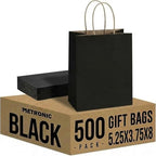 METRONIC 500 Pack Black Paper Bags 5.25x3.75x8 inch,Small Kraft Craft Gift Bag Bulk with Handles,Recycled for Boutique Holiday Grocery Welcome Party Favor Shopping Merchandise Takeout bags by METRONIC