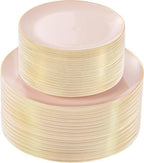 bUCLA 100PCS Pink Plastic Plates - Pink Disposable with Gold Rim - Include 50 Each (10 inch Dinner & 7 inch Dessert) Plates, Ideal for Party, Wedding & Birthday by BUCLA