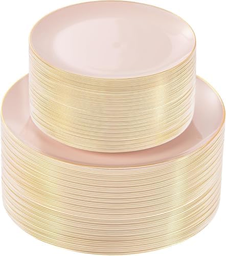 bUCLA 100PCS Pink Plastic Plates - Pink Disposable with Gold Rim - Include 50 Each (10 inch Dinner & 7 inch Dessert) Plates, Ideal for Party, Wedding & Birthday by BUCLA