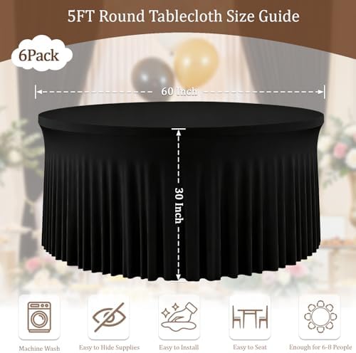 6 Pack Black Round Spandex Tablecloths, 5FT/60In Fitted Stretchy Table Cloth with Skirt, Washable Tablecloth, Circle Wrinkle Free Table Cover for Wedding Party Dining Banquet Events - Image 3