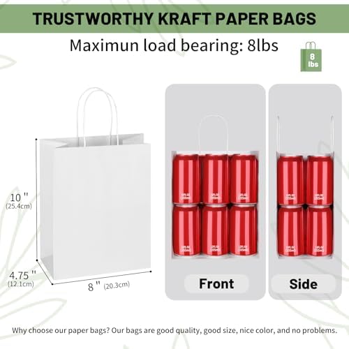 Mlyta 200 Pack 8x4.75x10 Inch Medium White Kraft Paper Gift Bags with Handles Bulk for Goodie, Party Favor Brithday Grocery Shopping Business Wedding Retail Craft Treat To Go Return, Merchandise Sacks - Image 3