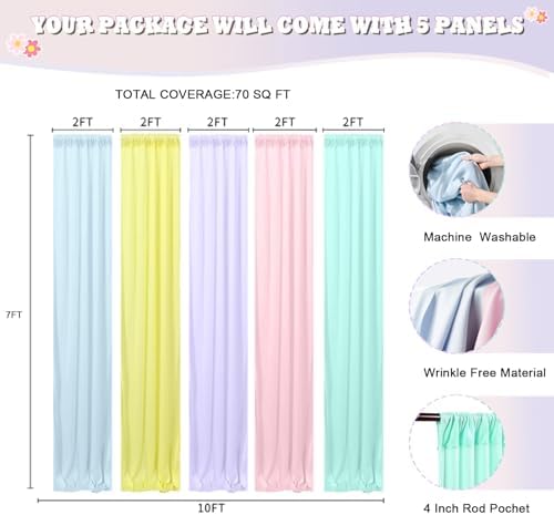 Rainbow Backdrop Curtains - 10x7FT Unicorn Backdrop Curtains - 5 Panels Pastel Backdrop Wrinkle-Resistant for Birthday Party Baby Shower Wedding Classroom Decor Photography Background - Image 2