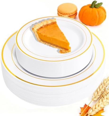 FLOWERCAT 60PCS Gold Plastic Plates - Heavy Duty White and Gold Plastic Plates Disposable for Fall Party/Wedding/Thanksgiving - Include 30PCS 10.25" Dinner Plates and 30PCS 7.5" Dessert Plates by FLOWERCAT