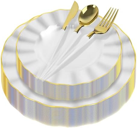 150Pcs Plastic Plates with Gold Rim,Heavy Duty Clear Plates for 30 Guests,Plastic Dinnerware Set Include 30 Dinner Plate,30 Dessert Plate,90 Gold Cutlery Set for Party (Clear) by ZHZJCKSHB