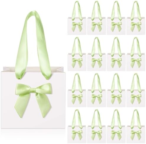 Kolldenn 50 Pcs Small White Gift Bags Bulk with Green Bow Ribbon Handles by Unknown