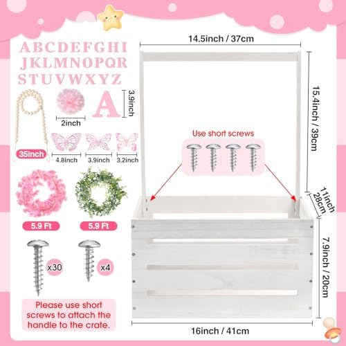 Juexica Wooden Baby Shower Crate Closet Baby Basket with Handle Box with Butterfly Eucalyptus Garland Bead Artificial Flowers Large Letter for Pregnancy New Parent Gift(White) - Image 2