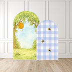 Set of 2 Little Honey Arch Backdrop Cover 2PCS Honey Bee Baby Shower Spandex Arch Covers Blue Gingham Gender Reveal Birthday Party Decoration (Woodland,7.2FT & 6.6FT) - Image 2