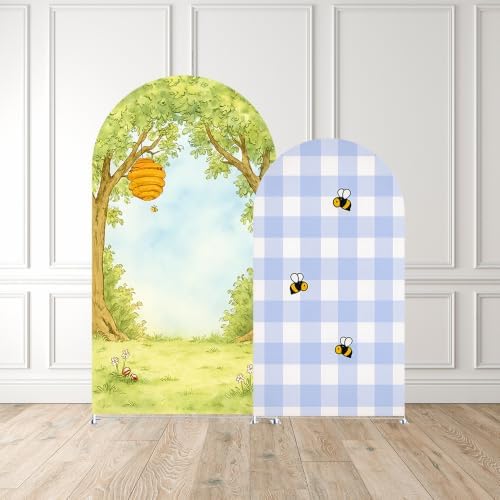 Set of 2 Little Honey Arch Backdrop Cover 2PCS Honey Bee Baby Shower Spandex Arch Covers Blue Gingham Gender Reveal Birthday Party Decoration (Woodland,7.2FT & 6FT) - Image 2