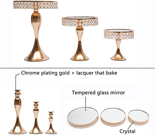 3 Piece Set Gold Crystal Cake Holder Wedding Dessert Metal upcake Stand Set with Mirror Plate Birthday Party Decorations for Tables - Image 4