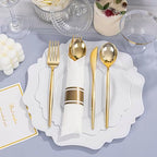 COLOSUS 350PCS Fancy White Plastic Plates With Gold Plastic Cutlery Set. - Image 2