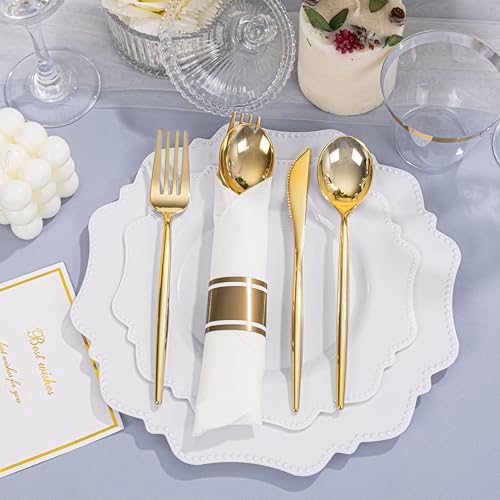 COLOSUS 350PCS Fancy White Plastic Plates With Gold Plastic Cutlery Set. - Image 2