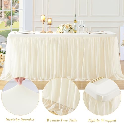 2 Pack Champagne Table Cloth for 6 Foot Rectangle Tables, Stretch Fitted Tulle Table Covers Skirt, Rectangular Ruffle Tutu Tablecloth Wedding Banquet Baby Shower Cake Tablecloths Decorations - Image 6