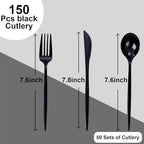 PULOTE 150PCS Black Plastic Silverware Set Disposable - Heavy Duty Black Plastic Cutlery - Black Plastic Utensils Set Include 50 Forks,50 Spoons,50 Knives for Party&Graduation - Image 2