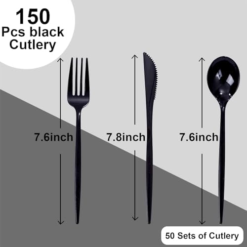 PULOTE 150PCS Black Plastic Silverware Set Disposable - Heavy Duty Black Plastic Cutlery - Black Plastic Utensils Set Include 50 Forks,50 Spoons,50 Knives for Party&Graduation - Image 2