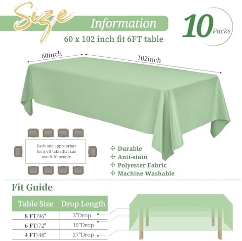 Showgeous 60x102 Inch Sage Green Rectangle Tablecloth 10 Pack Fit 6FT Table - Image 2