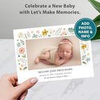 Let's Make Memories Personalized Baby Announcement Cards - Birth, Adoption - Boy, Girl - Premium Quality Custom Photo Cards for Mailing - 5x7 - Includes White Envelopes - Floral Frame - 50 ct - Image 2