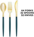 Luxe Party 128 Pieces Two Tone Plastic Disposable Cutlery | Forks-Spoons-Knives | Full Size | Chic Round | Teal and Gold - Image 3