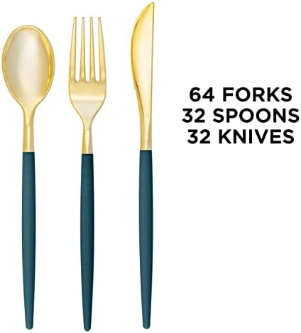 Luxe Party 128 Pieces Two Tone Plastic Disposable Cutlery | Forks-Spoons-Knives | Full Size | Chic Round | Teal and Gold - Image 3