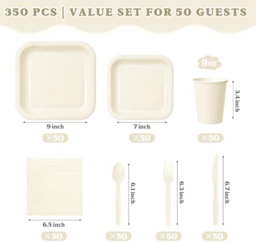 Vyntra 350 Pcs Ivory Square Paper Plates and Napkins Set, Serves 50 - Image 2