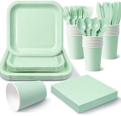 Vyntra 350 Pcs Sage Green Square Paper Plates and Napkins Set, Serves 50 by PartyTablewareSupplies