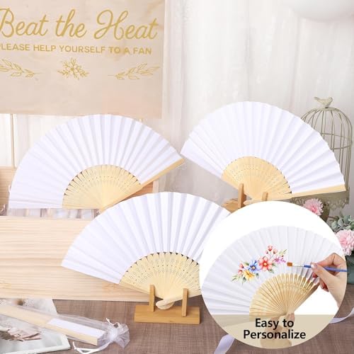 Aodaer White Paper Fan Set 120 Pack Folding Hand Fans with Organza Gift Bags Wooden Storage Box Display Sign and White Ribbon Handheld Fan for Wedding Favors Bridal Shower Party Supplies - Image 5