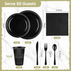 Kochorie 480 Pieces Black Plastic Dinnerware Set for 60 Guests Disposable Heavy Duty Plates Napkins Cups and Silverware Dessert Dinner Plates for Halloween Birthday Wedding Party Supplies - Image 2