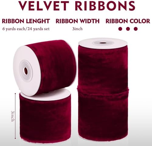 Preboun 4 Rolls Christmas Velvet Ribbon 24 Yards,Burgundy,3 Inch - Image 2