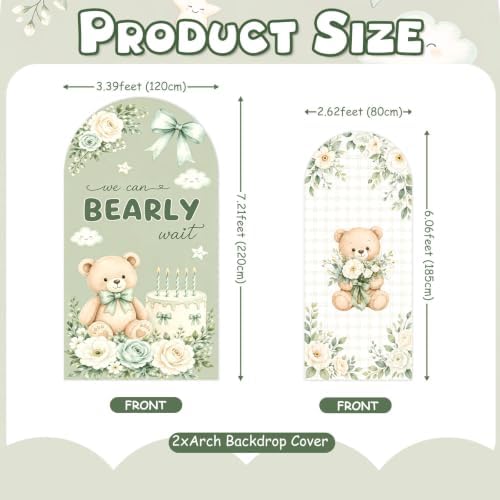2PCS We Can Bearly Wait Arch Backdrop Covers Sage Green Bear Floral Arched Fabric Banner 7.2ft 6.6ft Bear Theme Cake Bow Arch Stand Cover for We Can Bearly Wait Baby Shower Decorations - Image 2