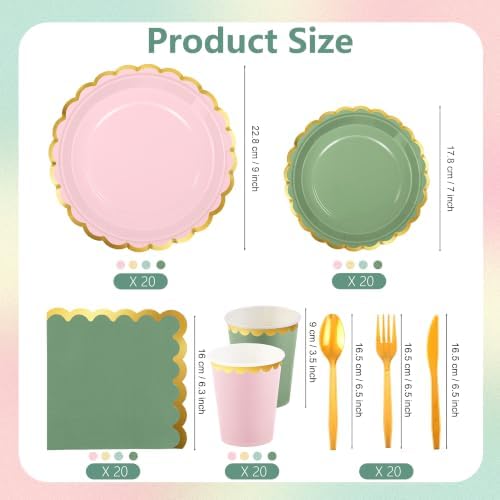 Kochorie 140PCS Sage Green & Pink Disposable Dinnerware Set for 20 Guests - Image 2