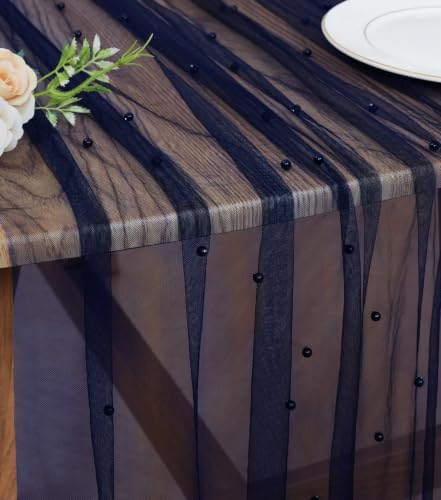 Pearl Table Runner Tulle Gauze Sheer Wedding Party Home Decor(Navy Blue) by JALANCY