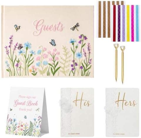 Wedding Guest Book and Vow Book Set Wildflower Embroidered Linen by Unknown