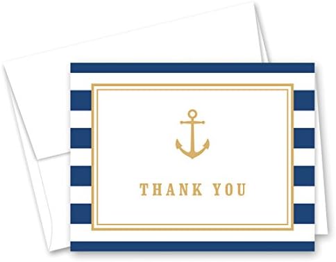MyExpression.com 50 Cnt Navy Stripes Gold Anchor Nautical Baby Shower Thank You Cards by Unknown