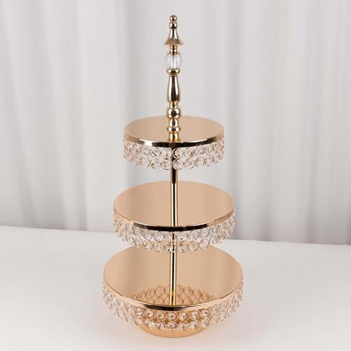 Efavormart 3-Tier Crystal Beaded Gold Metal Cake Stand, Cupcake Tower Dessert Display Stand with Round Mirror Top - 26" Tall - Image 6