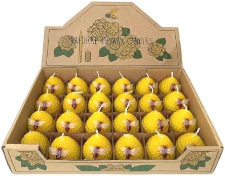 Beeswax Candles Bulk Set of 24pcs, Bee Candles with Little Bee Ornament Decors, Unscented & Dripless& Smokeless, Dia 1.77" x1.97" Each, Yellow by PureWaxPureNature