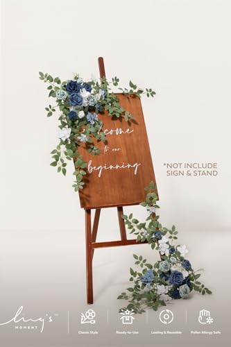 Ling's moment Welcome Sign Flowers, Wedding Floral Swag, Dusty Blue & Navy - Image 2