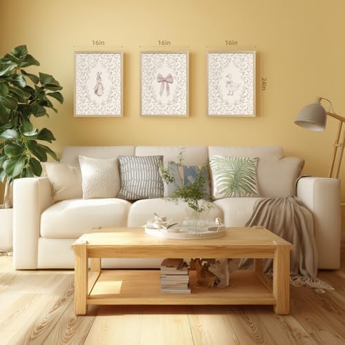 PORENY Baby Girl Nursery Wall Art Set of 3, Pink Bow Rabbit Goose Canvas Prints, Cute Floral Nursery Decor, Vintage Neutral Animal Artwork for Girls Room Kids Bedroom Wood Framed 12x16 Inch - Image 6