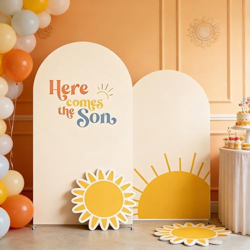 2Pcs Here Comes The Son Baby Shower Party Arch Backdrop Cover,Sunrise Curved Spandex Background,Solid Beige Design (5ft & 4ft) by AOSTO