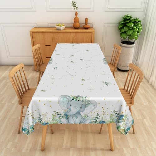 Elephant Baby Shower Tablecloth 70x160 Inch Gold Polka Dots Green Eucalyptus Leaves Fabric Table Cloth Polyester Oilproof Washable Rectangle Table Cover for Boy Baby Shower Gender Reveal Decor - Image 2