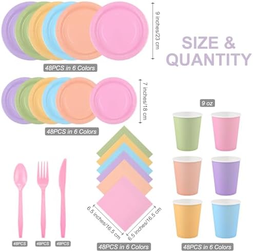 durony 360 Pieces Pastel Rainbow Disposable Party Supplies Serves 48 Guests Include 7" and 9" Pastel Paper Plates Cups Napkins Cutlery Pastel Rainbow Party Decorations for Birthday Wedding Baby Shower - Image 2