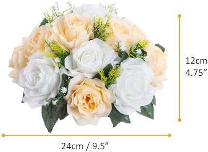 10Pcs Artificial Flower Ball Arrangement, 15 Flower Heads Wedding Roses Bouquet with Base Suitable for Parties Valentine's Day Wedding Centerpieces and Home Decor (Champagne & White) - Image 2
