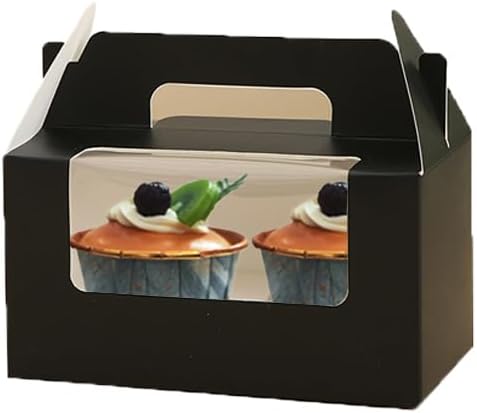 JIYIXhylera 100 Pack Black Cupcake Boxes with Handle, 2 Cavity Kraft Paper Muffin Boxes with Clear Window, 6.49x3.74x3.54 Inch Cupcake Containers for Wedding, Birthday, Christmas Party Favors - Image 6