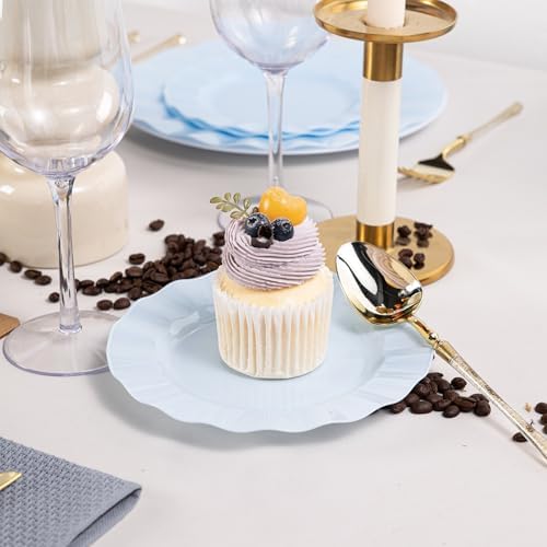 72 Pack Blue Plastic Plates, 7" Disposable Wave Edge Dessert Plates - Image 3