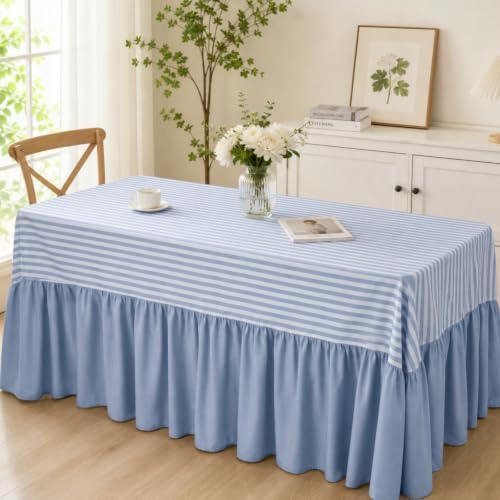 Blue Stripes Tablecloth Plaid Ruffled Table Skirt, 132 x 90'' - Image 4